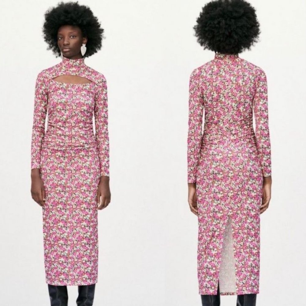 Zara floral mock neck ruched midi dress, NWT, S
